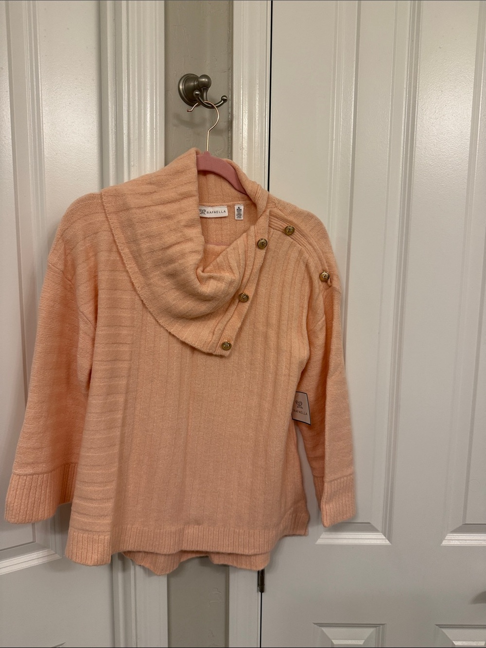 Rafaella Peach Ribbed Cowl Neck Sweater with Button Accent